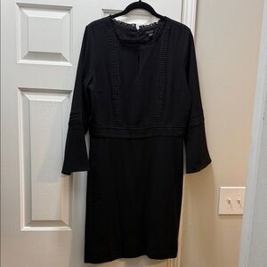 Ann Taylor Black Long-Sleeve Shift Dress with Braided Trim